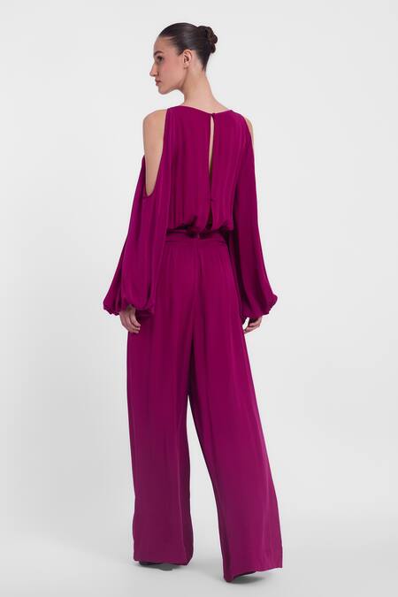 Gauri & Nainika_Magenta Crepe, Georgette Applique, Embroidery Boat Neck Floral Jumpsuit _at_Aza_Fashions