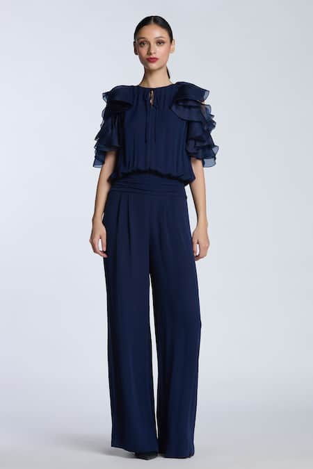 Gauri & Nainika Navy Blue Ruffled Cold Shoulder Jumpsuit 