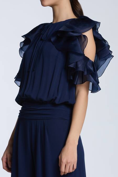 Buy_Gauri & Nainika_Blue Crepe, Georgette, Organza Keyhole Neck Navy Ruffled Cold Shoulder Jumpsuit _Online_at_Aza_Fashions