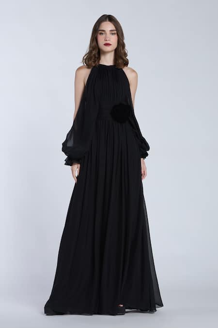 Gauri & Nainika Black Pure Chiffon Rose Halter Neck Jumpsuit With 