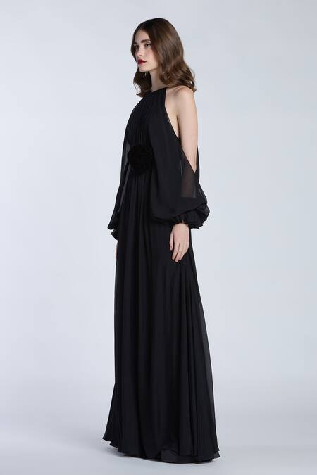 Gauri & Nainika_Black Chiffon Fabric Flowers Halter Neck Jumpsuit With Rose _Online_at_Aza_Fashions