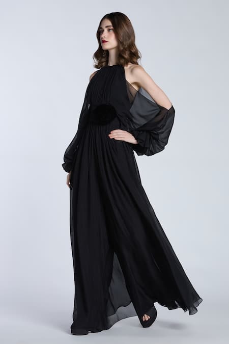 Buy_Gauri & Nainika_Black Chiffon Fabric Flowers Halter Neck Jumpsuit With Rose _Online_at_Aza_Fashions