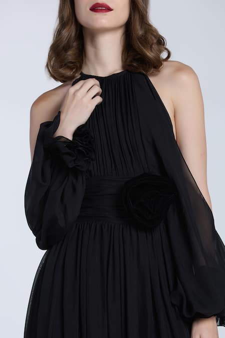 Shop_Gauri & Nainika_Black Chiffon Fabric Flowers Halter Neck Jumpsuit With Rose _Online_at_Aza_Fashions