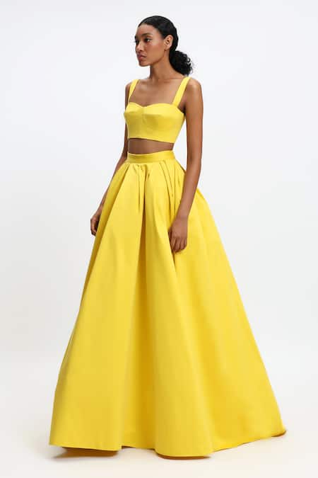 Gauri & Nainika_Yellow Cotton Flared Pleated Skirt _Online_at_Aza_Fashions