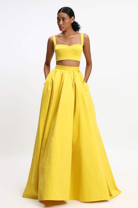 Gauri & Nainika Yellow Cotton Flared Pleated Skirt 