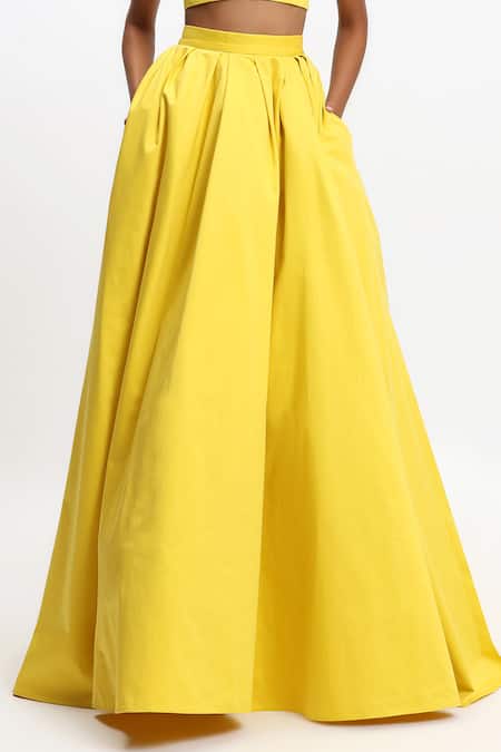 Buy_Gauri & Nainika_Yellow Cotton Flared Pleated Skirt _Online_at_Aza_Fashions