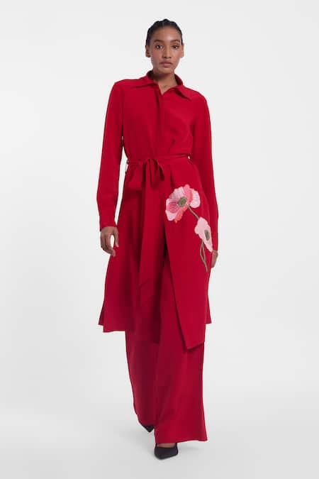 Gauri & Nainika_Red Crepe Embroidery Collared Botanical Shirt Dress With Belt _Online_at_Aza_Fashions
