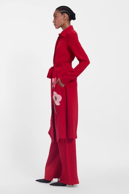 Buy_Gauri & Nainika_Red Crepe Embroidery Collared Botanical Shirt Dress With Belt _Online_at_Aza_Fashions