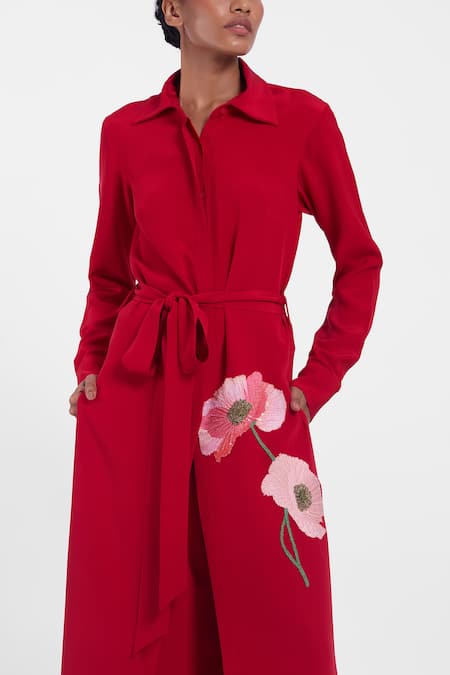 Gauri & Nainika_Red Crepe Embroidery Collared Botanical Shirt Dress With Belt _at_Aza_Fashions