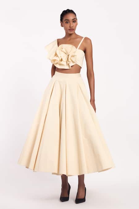 Gauri & Nainika Cream Flower Applique One Shoulder Crop Top 