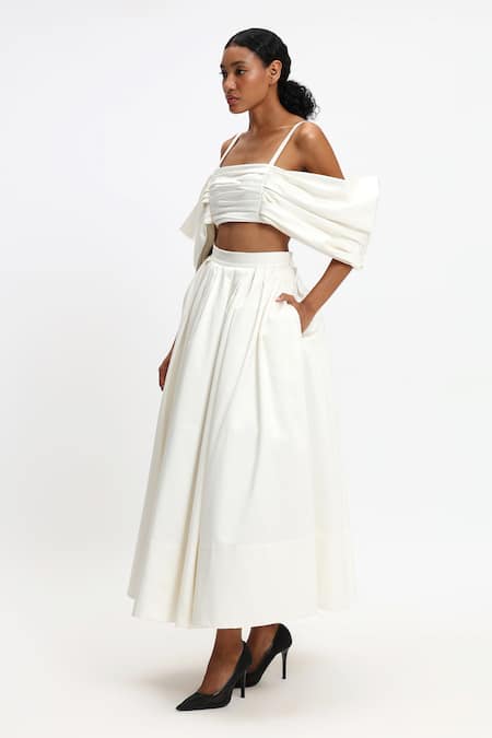 Gauri & Nainika_Ivory Cotton Square Neck Draped Cold Shoulder Crop Top _Online_at_Aza_Fashions