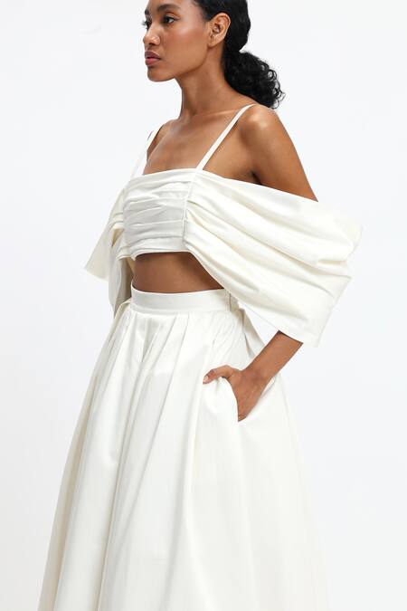 Shop_Gauri & Nainika_Ivory Cotton Square Neck Draped Cold Shoulder Crop Top _Online_at_Aza_Fashions