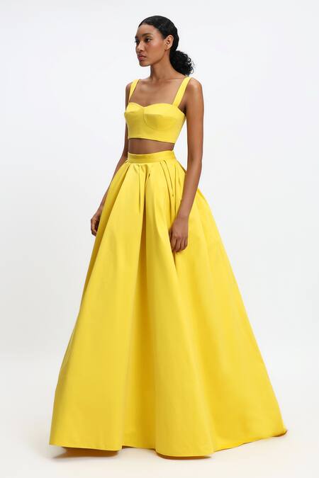 Gauri & Nainika Yellow Cotton Sweetheart Neck Corseted Bustier Top Online at Aza Fashions Gauri & Nainika_Yellow Cotton Sweetheart Neck Corseted Bustier Top _Online_at_Aza_Fashions