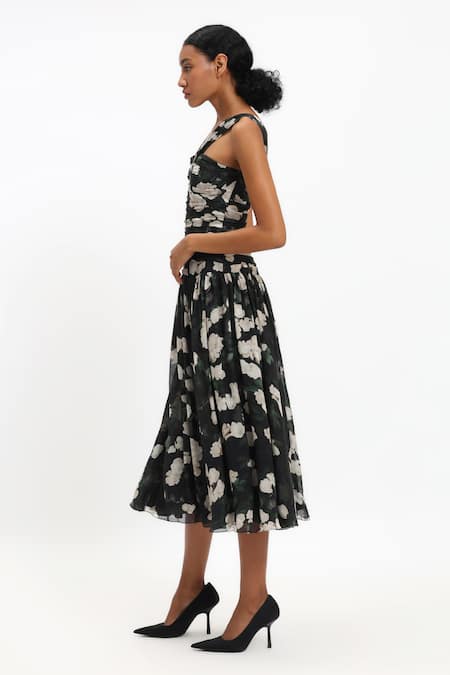 Gauri & Nainika_Black Chiffon V-neck Floral Drop Waisted Midi Dress _Online_at_Aza_Fashions