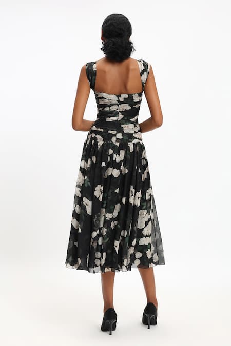 Gauri & Nainika Black Floral Drop Waisted Midi Dress 