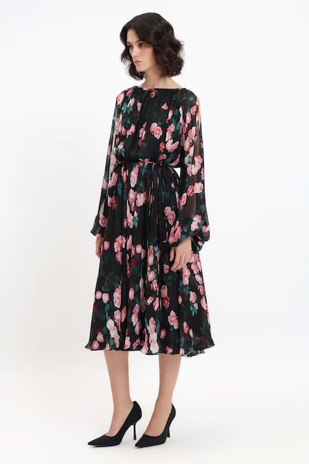 Gauri & Nainika_Black Chiffon Round Neck Floral Slit Sleeve Midi Dress _Online_at_Aza_Fashions