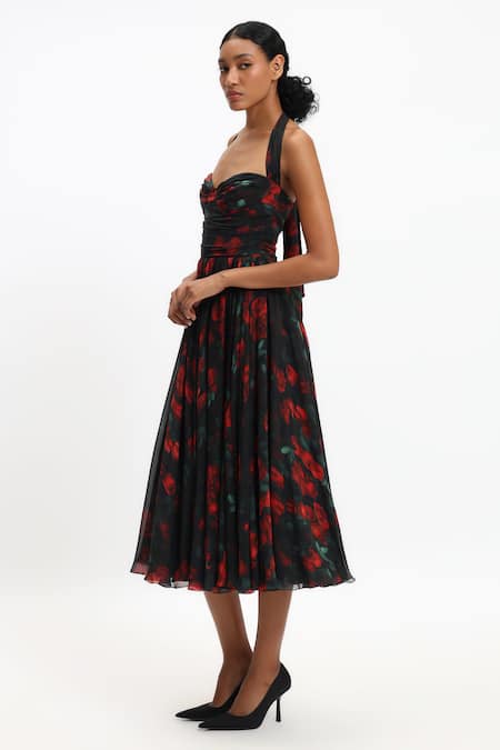 Gauri & Nainika_Black Chiffon Embroidery Halter Neck Floral Midi Dress _Online_at_Aza_Fashions