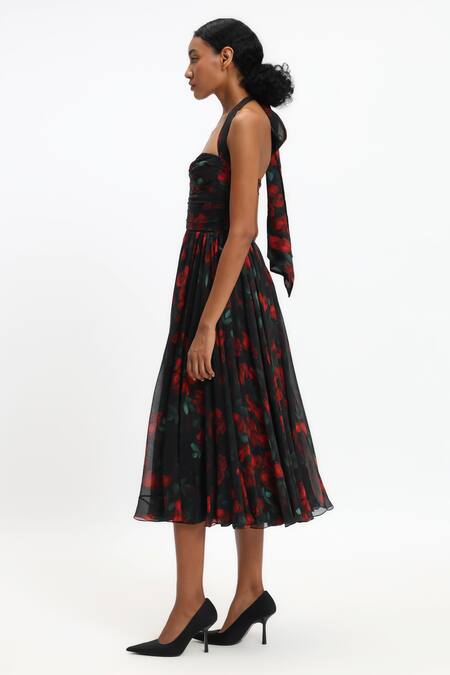 Buy_Gauri & Nainika_Black Chiffon Embroidery Halter Neck Floral Midi Dress _Online_at_Aza_Fashions