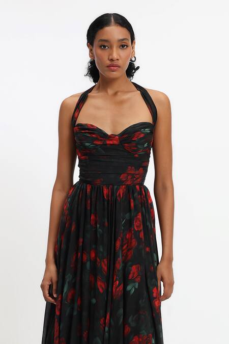 Shop_Gauri & Nainika_Black Chiffon Embroidery Halter Neck Floral Midi Dress _Online_at_Aza_Fashions