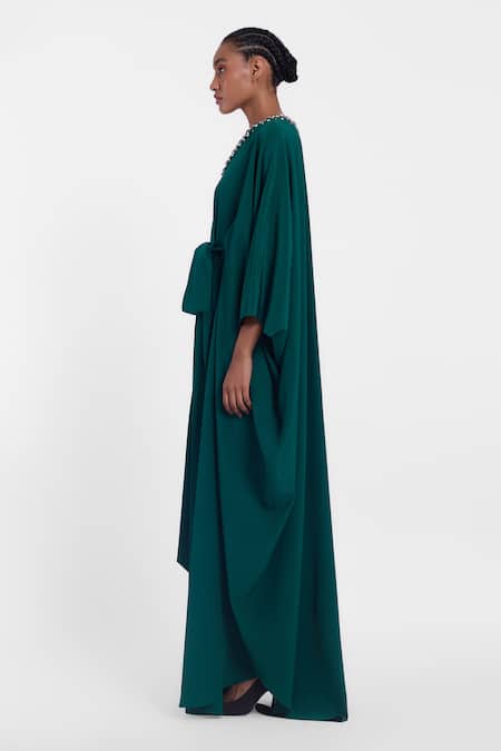 Gauri & Nainika_Green Crepe Crystals V-neck Embellished V Kaftan _Online_at_Aza_Fashions