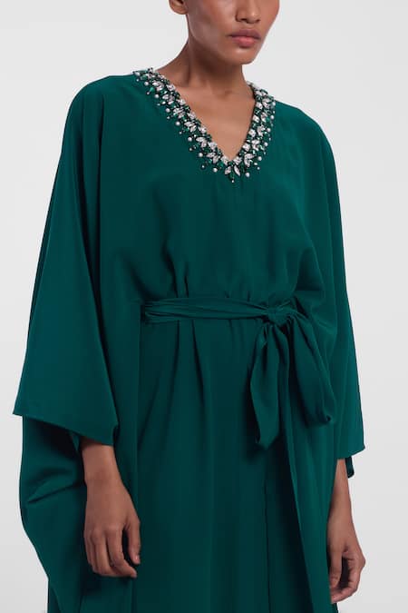 Buy_Gauri & Nainika_Green Crepe Crystals V-neck Embellished V Kaftan _Online_at_Aza_Fashions
