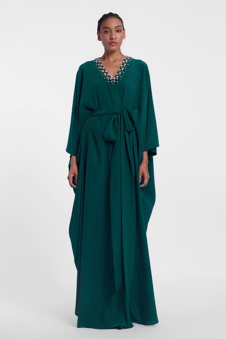 Shop_Gauri & Nainika_Green Crepe Crystals V-neck Embellished V Kaftan _Online_at_Aza_Fashions