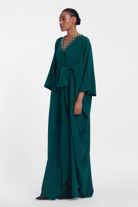 Gauri & Nainika_Green Crepe Crystals V-neck Embellished V Kaftan _at_Aza_Fashions
