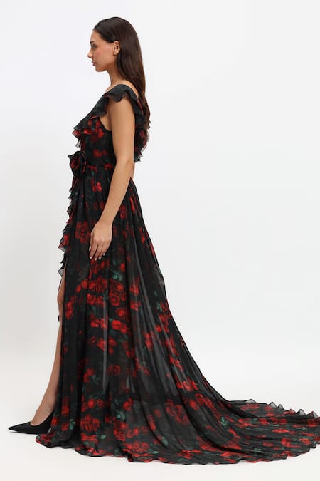 Shop_Gauri & Nainika_Black Chiffon Ruffles V-neck Rose Print Frilly Sleeve Gown _at_Aza_Fashions