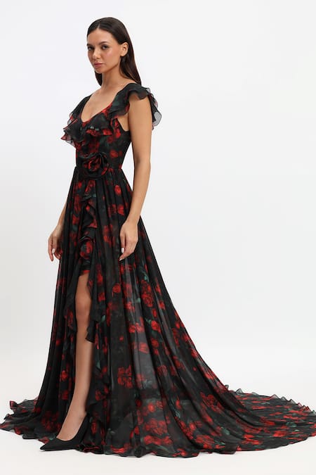 Buy_Gauri & Nainika_Black Chiffon Ruffles V-neck Rose Print Frilly Sleeve Gown _Online_at_Aza_Fashions