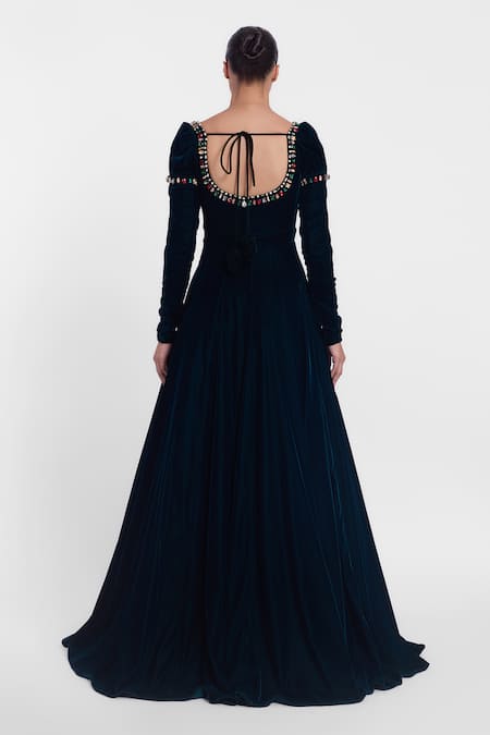 Gauri & Nainika Bottle Green Crystal Embellished Gown 