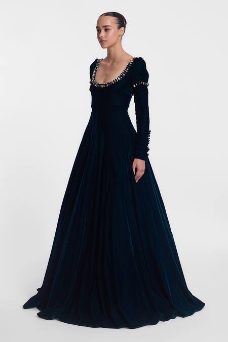 Gauri & Nainika_Green Velvet Crystals Round Neck Bottle Embellished Gown _Online_at_Aza_Fashions