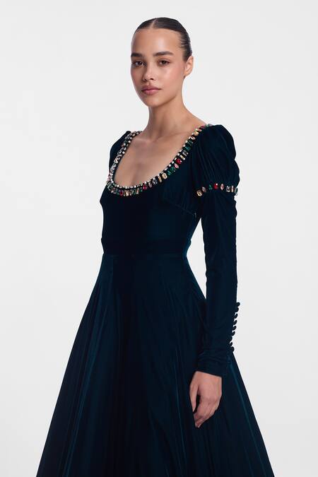 Buy_Gauri & Nainika_Green Velvet Crystals Round Neck Bottle Embellished Gown _Online_at_Aza_Fashions