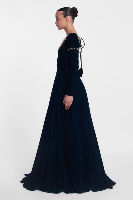 Shop_Gauri & Nainika_Green Velvet Crystals Round Neck Bottle Embellished Gown _Online_at_Aza_Fashions