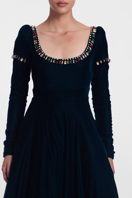 Gauri & Nainika_Green Velvet Crystals Round Neck Bottle Embellished Gown _at_Aza_Fashions