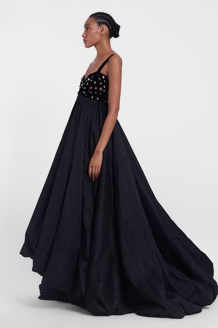 Buy_Gauri & Nainika_Black Silk, Velvet Crystals Sweetheart Neck Embellished Balloon Hem Gown _Online_at_Aza_Fashions