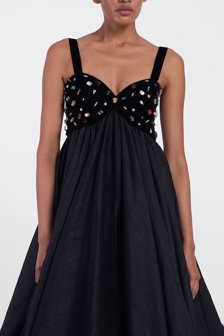 Shop_Gauri & Nainika_Black Silk, Velvet Crystals Sweetheart Neck Embellished Balloon Hem Gown _Online_at_Aza_Fashions