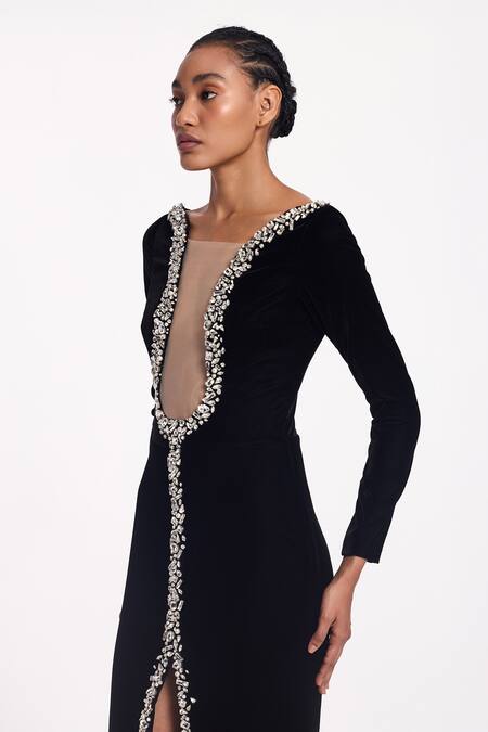 Buy_Gauri & Nainika_Black Velvet Crystals Plunge Neck Embellished Mermaid Gown _Online_at_Aza_Fashions