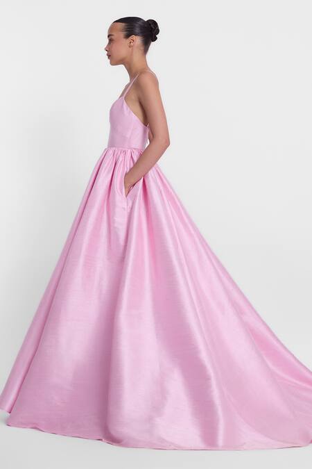 Gauri & Nainika_Pink Silk Brooches Sweetheart Neck Embellished Gown And Stole _Online_at_Aza_Fashions