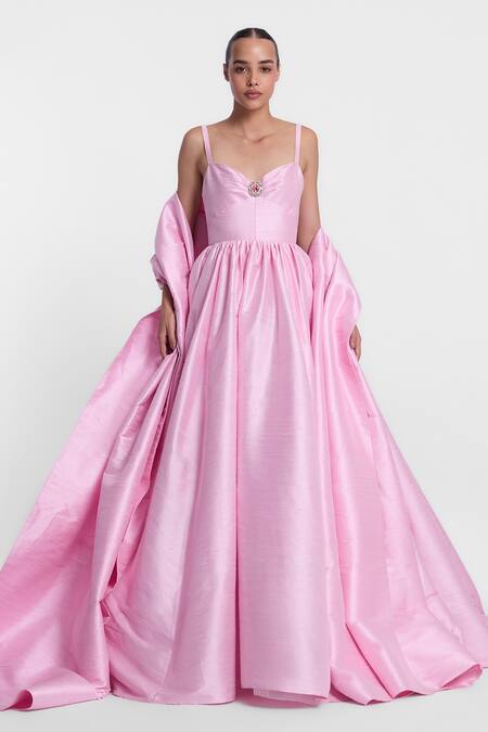 Gauri & Nainika_Pink Silk Brooches Sweetheart Neck Embellished Gown And Stole _at_Aza_Fashions