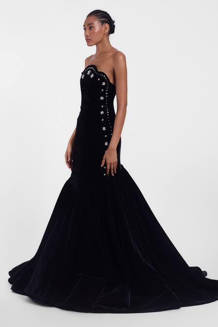 Gauri & Nainika_Black Velvet Crystals Off-shoulder Embellished Off Gown _Online_at_Aza_Fashions