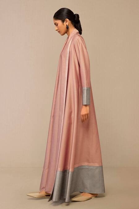 Shop_Ampm_Blush Chanderi Embroidery Shawl Neck Pink And Slate Grey Jacket_Online_at_Aza_Fashions