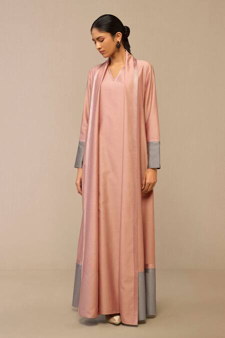 Ampm_Blush Chanderi Embroidery Shawl Neck Pink And Slate Grey Jacket_at_Aza_Fashions