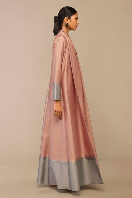 Buy_Ampm_Blush Chanderi Embroidery Shawl Neck Pink And Slate Grey Jacket