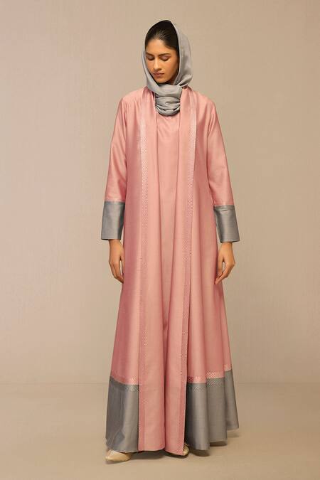 Shop_Ampm_Blush Chanderi Embroidery Shawl Neck Pink And Slate Grey Jacket
