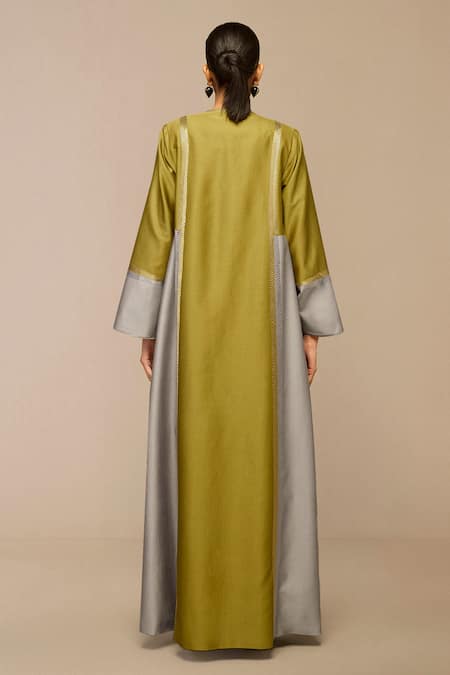 Shop Ampm Green Chanderi Embroidery Round Neck Tea And Grey Jacket at Aza Fashions Shop_Ampm_Green Chanderi Embroidery Round Neck Tea And Grey Jacket_at_Aza_Fashions