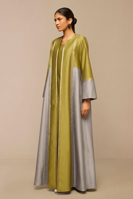 Buy Ampm Green Chanderi Embroidery Round Neck Tea And Grey Jacket Online at Aza Fashions Buy_Ampm_Green Chanderi Embroidery Round Neck Tea And Grey Jacket_Online_at_Aza_Fashions