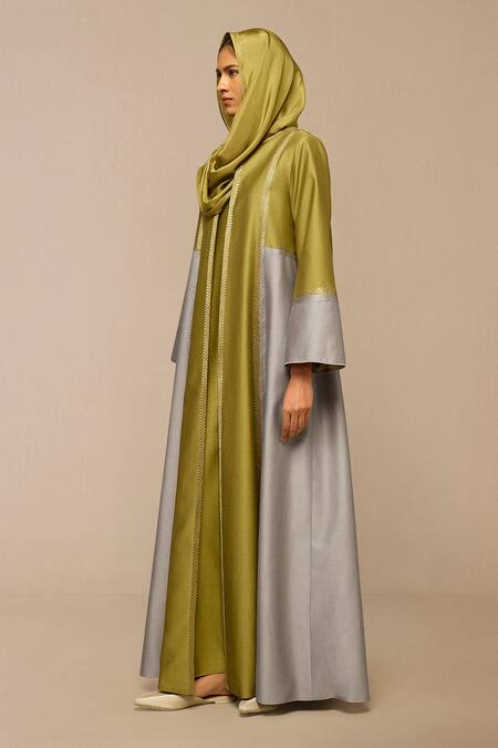 Shop Ampm Green Chanderi Embroidery Round Neck Tea And Grey Jacket Online at Aza Fashions Shop_Ampm_Green Chanderi Embroidery Round Neck Tea And Grey Jacket_Online_at_Aza_Fashions