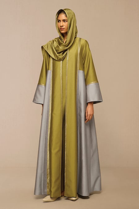 Shop Ampm Green Chanderi Embroidery Round Neck Tea And Grey Jacket Shop_Ampm_Green Chanderi Embroidery Round Neck Tea And Grey Jacket