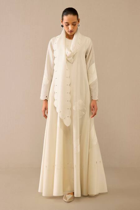 Ampm_Ivory Chanderi Embroidery Round Neck Resham Maxi Dress _Online_at_Aza_Fashions