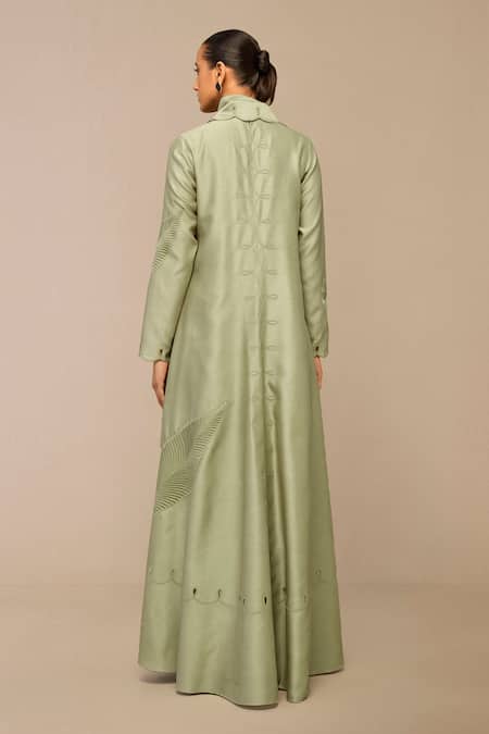 Shop Ampm Green Chanderi Embroidery Round Neck Floral Maxi Dress at Aza Fashions Shop_Ampm_Green Chanderi Embroidery Round Neck Floral Maxi Dress _at_Aza_Fashions